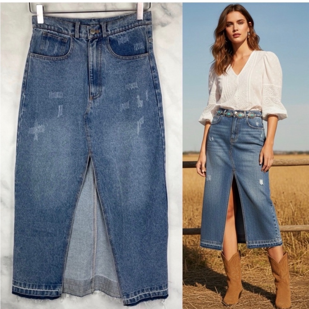 NWT Indefeir Studios High Waisted Split Slit Denim Jean Midi Skirt Retro Blue XS